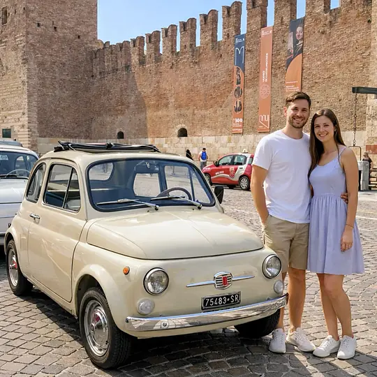 Due Fiat 500 crema nel piazzale davanti alle merlature di Castelvecchio